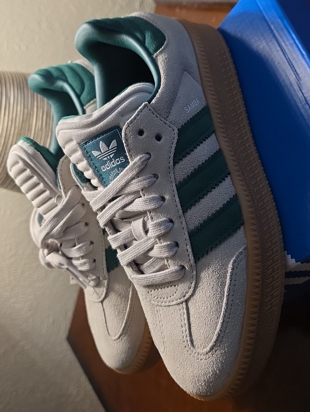 Adidas Samba XLG White TanSuede Sneakers with Green Stripes 6.5M/7.5W NWOT